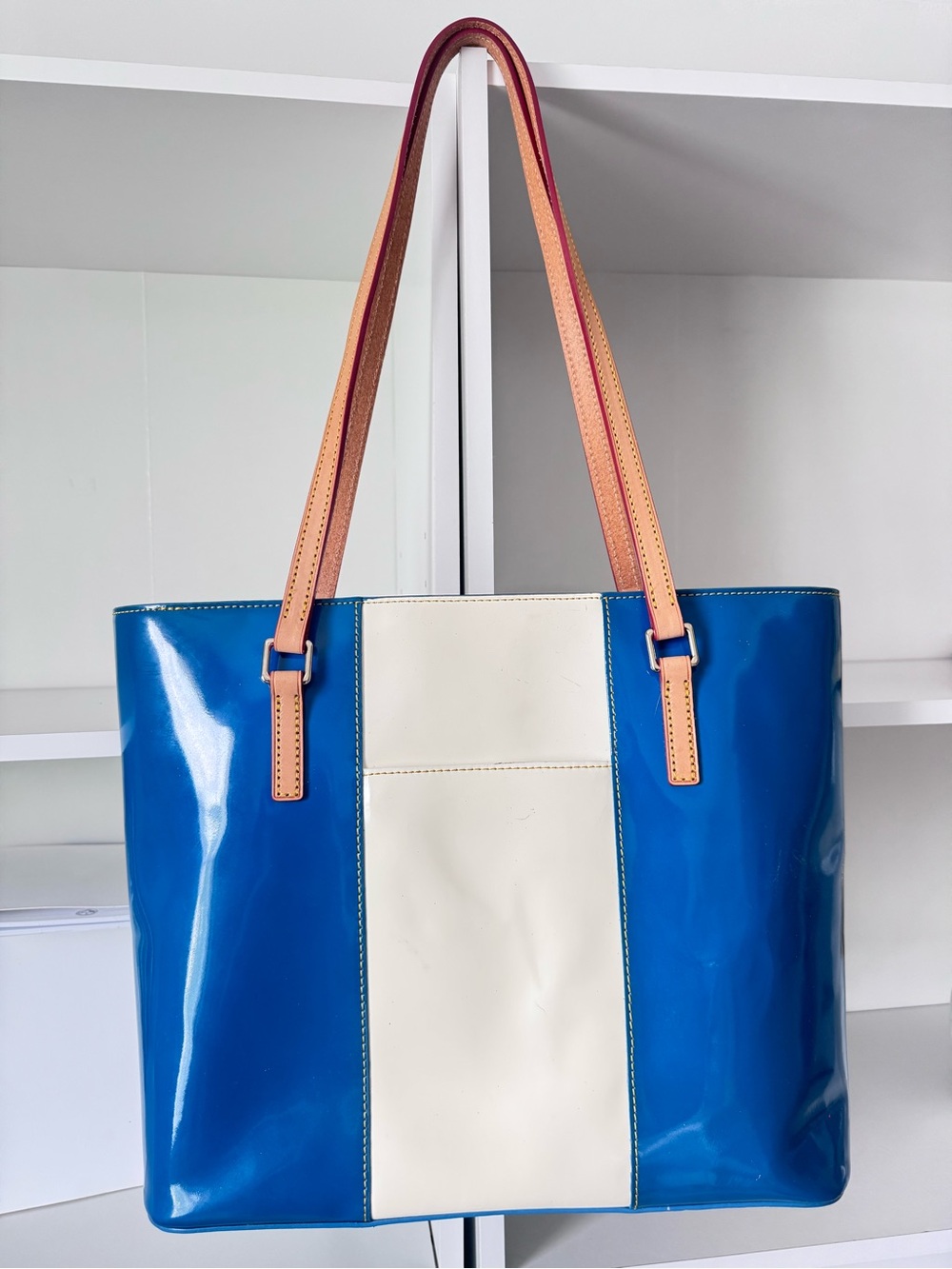 Dooney & Bourke Blue & Cream Patent Leather Tote with Tan Straps - Picture 2 of 10